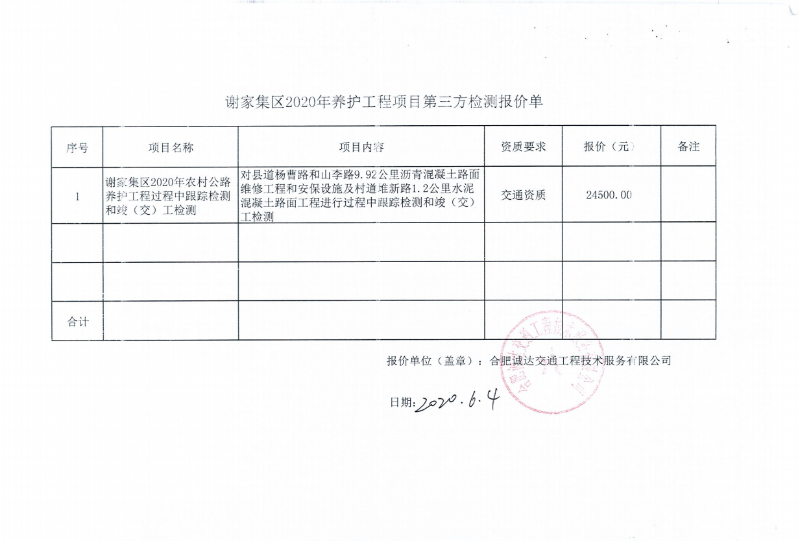 谢家集区2020年养护工程项目第三方检测报价结果